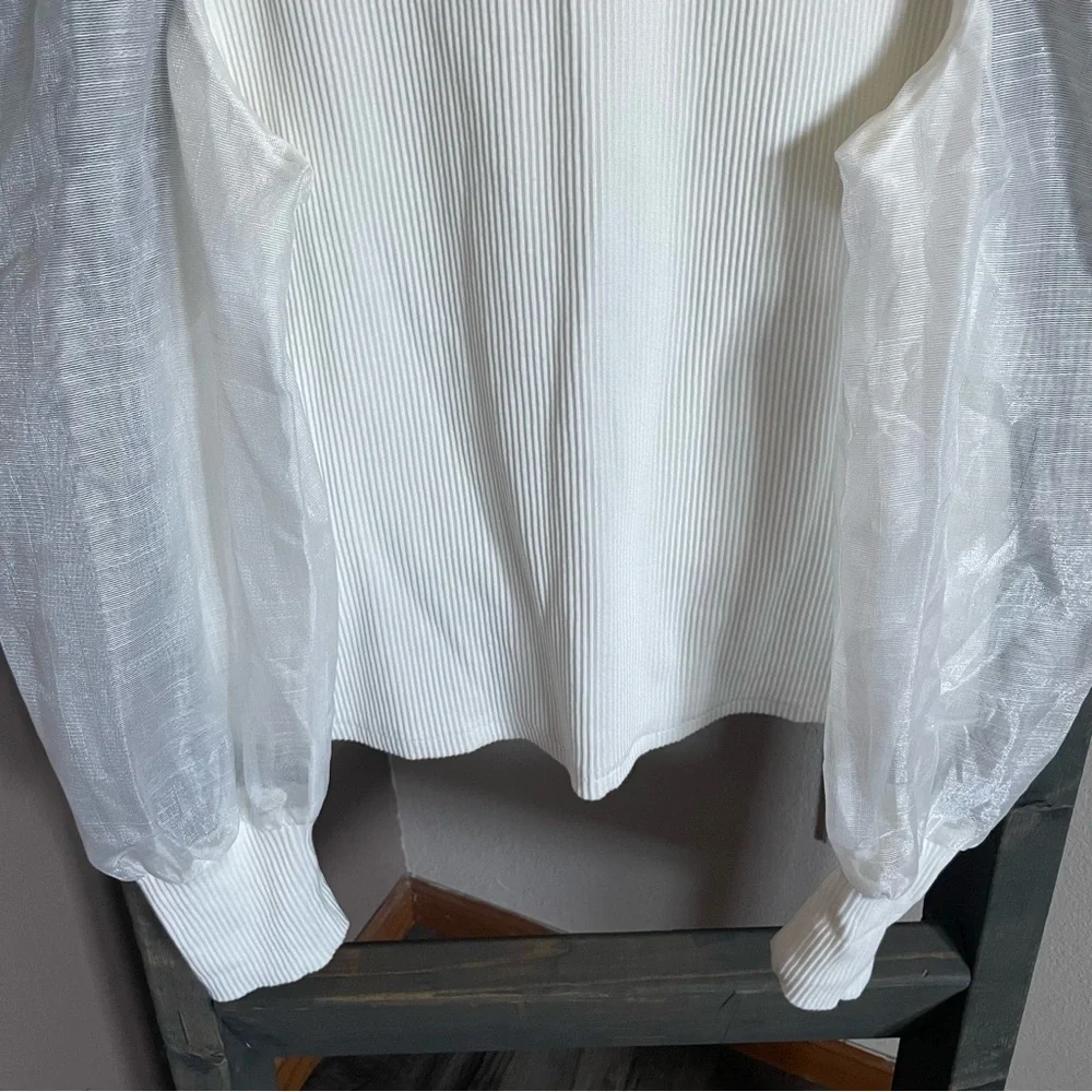 Anthropologie DOLAN Left Coast Puff-Sleeve Top Ribbed Knit Sheer Sleeve Sweater